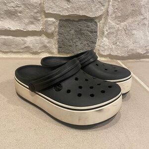 Black and white platform crocs